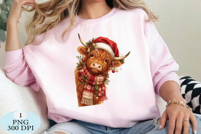 Highland Cow Santa Hat Christmas PNG
