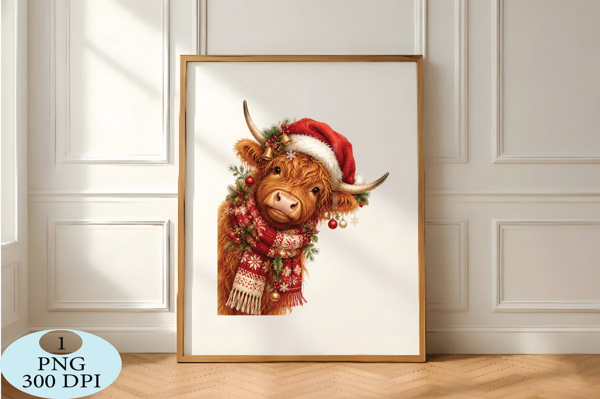 Highland Cow Santa Hat Christmas PNG