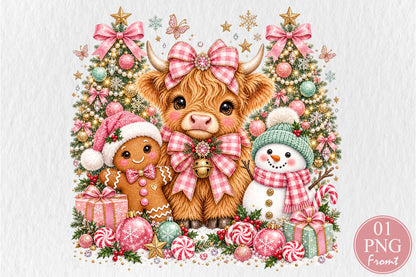 Highland Cow Snowman Christmas PNG Gingerbread Pink Gingham Holiday Sublimation