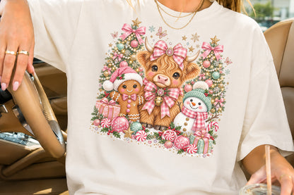 Highland Cow Snowman Christmas PNG Gingerbread Pink Gingham Holiday Sublimation