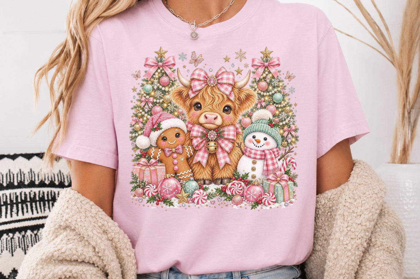 Highland Cow Snowman Christmas PNG Gingerbread Pink Gingham Holiday Sublimation