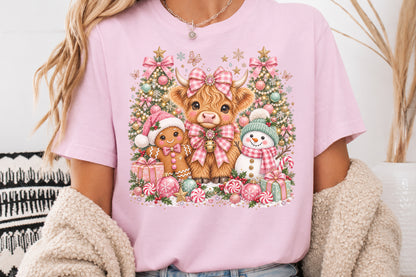 Highland Cow Snowman Christmas PNG Gingerbread Pink Gingham Holiday Sublimation
