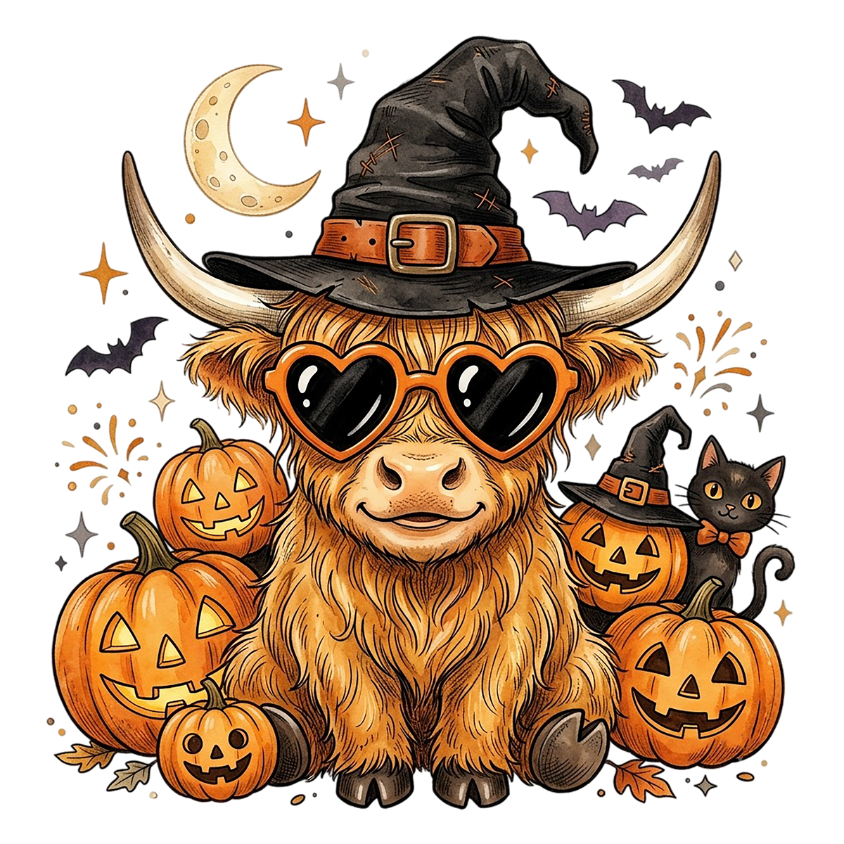 Highland Cow Witch Halloween PNG