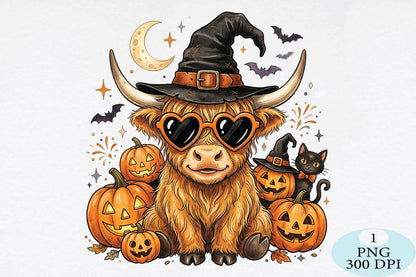 Highland Cow Witch Halloween PNG