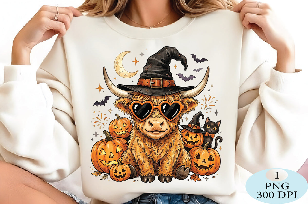Highland Cow Witch Halloween PNG