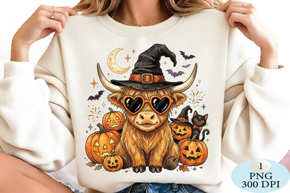 Highland Cow Witch Halloween PNG