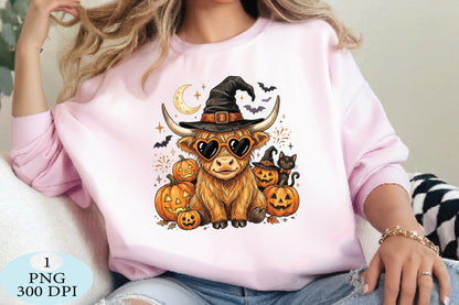 Highland Cow Witch Halloween PNG