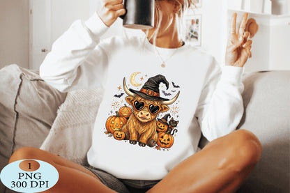 Highland Cow Witch Halloween PNG