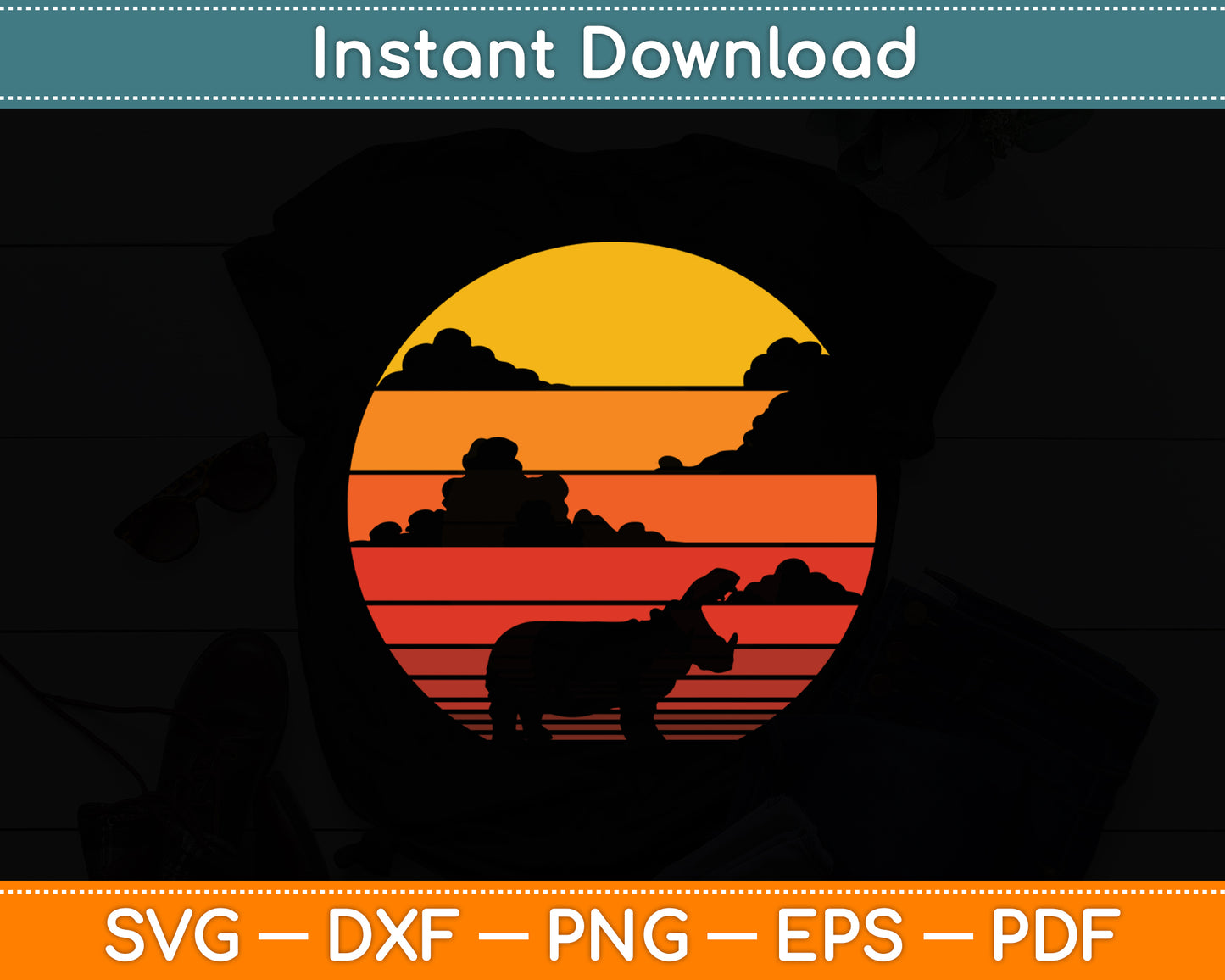 Vintage Retro Hippo Hippopotamus 60s 70s Sunset Buffalo Mammal Animal Svg Cutting File