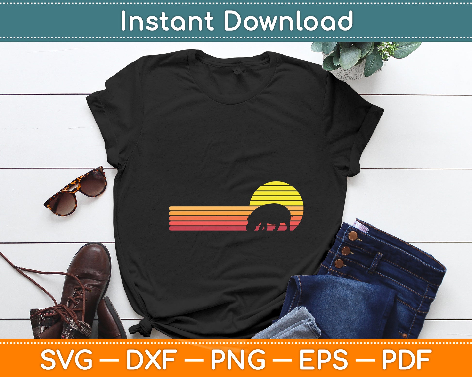 Hippopotamus Vintage Retro Svg Png Dxf Digital Cutting File