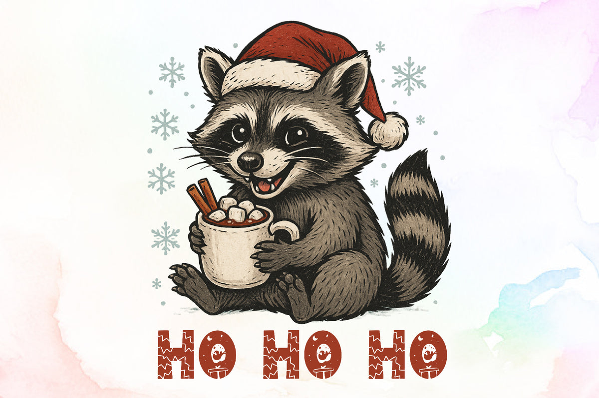 Ho Ho Ho Christmas Raccoon Watercolor PNG
