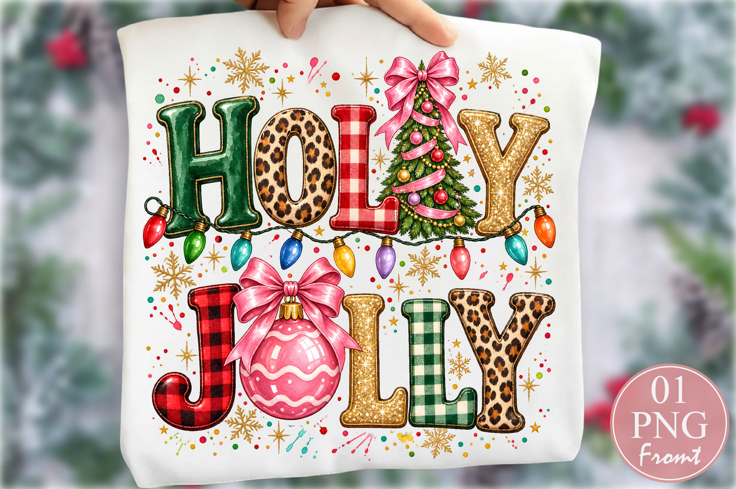 Holly Jolly Christmas PNG Retro Leopard Buffalo Plaid Sublimation