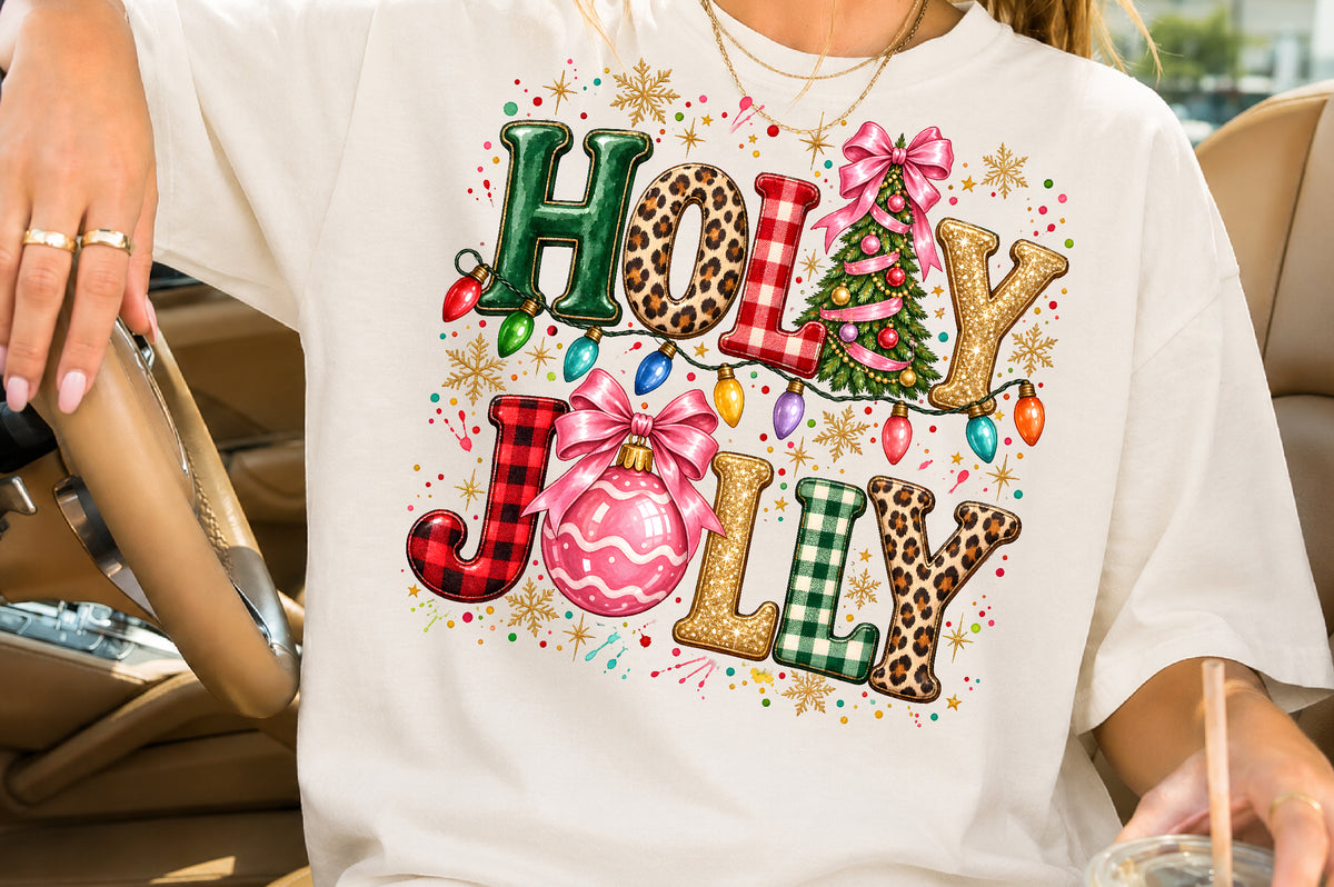 Holly Jolly Christmas PNG Retro Leopard Buffalo Plaid Sublimation