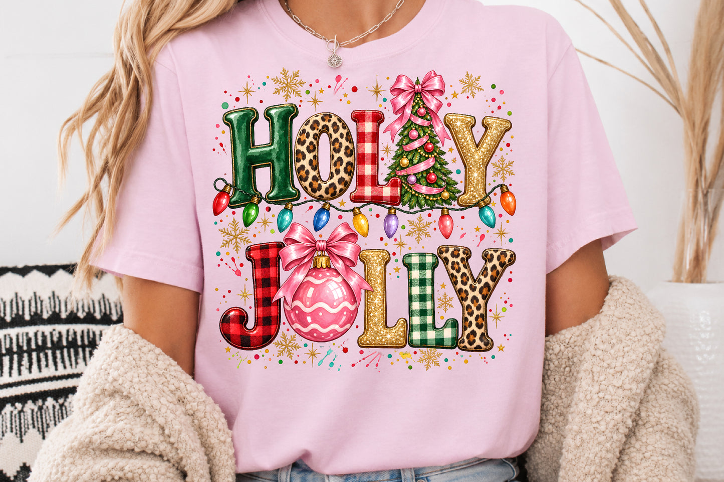 Holly Jolly Christmas PNG Retro Leopard Buffalo Plaid Sublimation