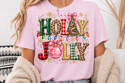 Holly Jolly Christmas PNG Retro Leopard Buffalo Plaid Sublimation