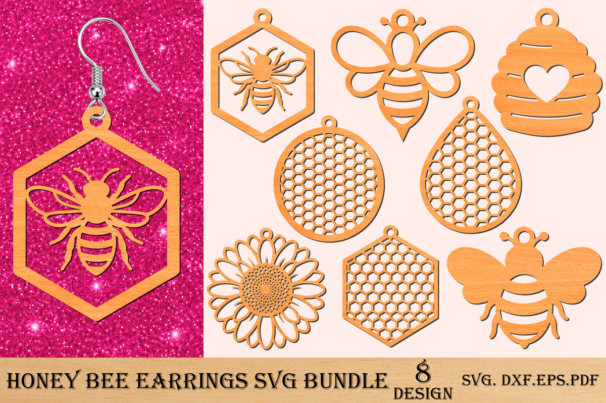 Honey Bee Earrings SVG Bundle – 8 Designs