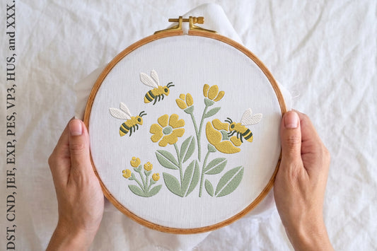 Honey Bee Wildflower Embroidery Design – Beautiful Bee & Wildflower Machine Embroidery Pattern, Nature Botanical Embroidery Design
