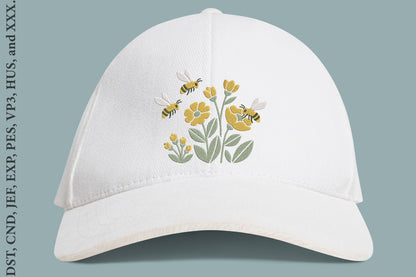 Honey Bee Wildflower Embroidery Design – Beautiful Bee & Wildflower Machine Embroidery Pattern, Nature Botanical Embroidery Design