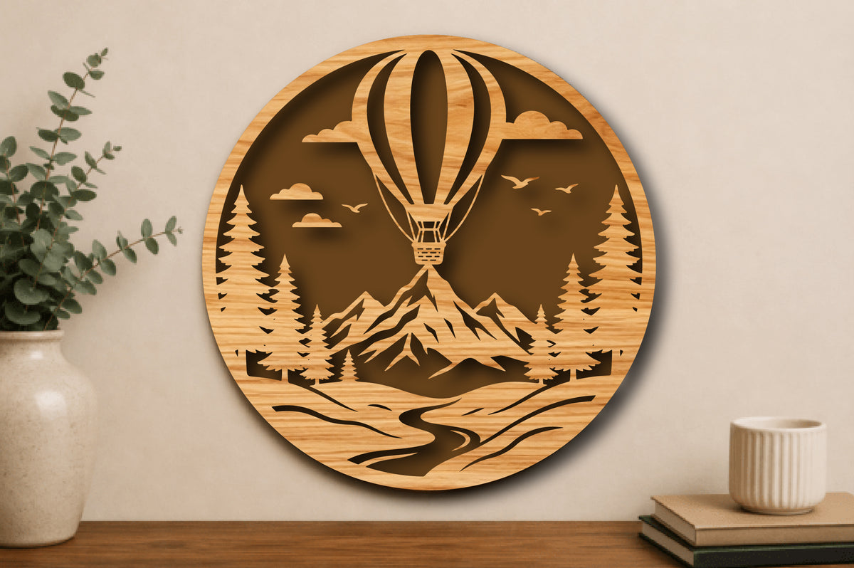 Hot Air Balloon Mountain Landscape Round Laser Cut SVG
