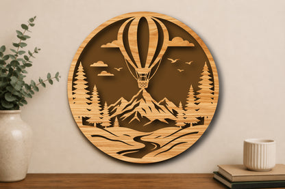 Hot Air Balloon Mountain Landscape Round Laser Cut SVG