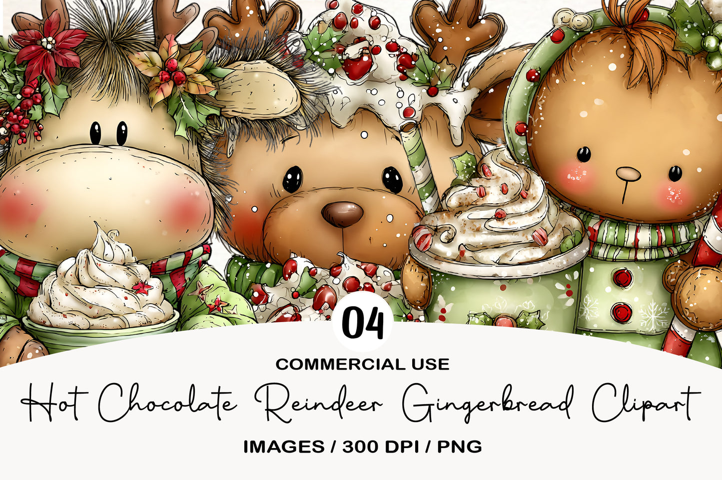 Hot Chocolate Reindeer Gingerbread Clipart PNG Bundle | Cute Watercolor Christmas Holiday Clipart