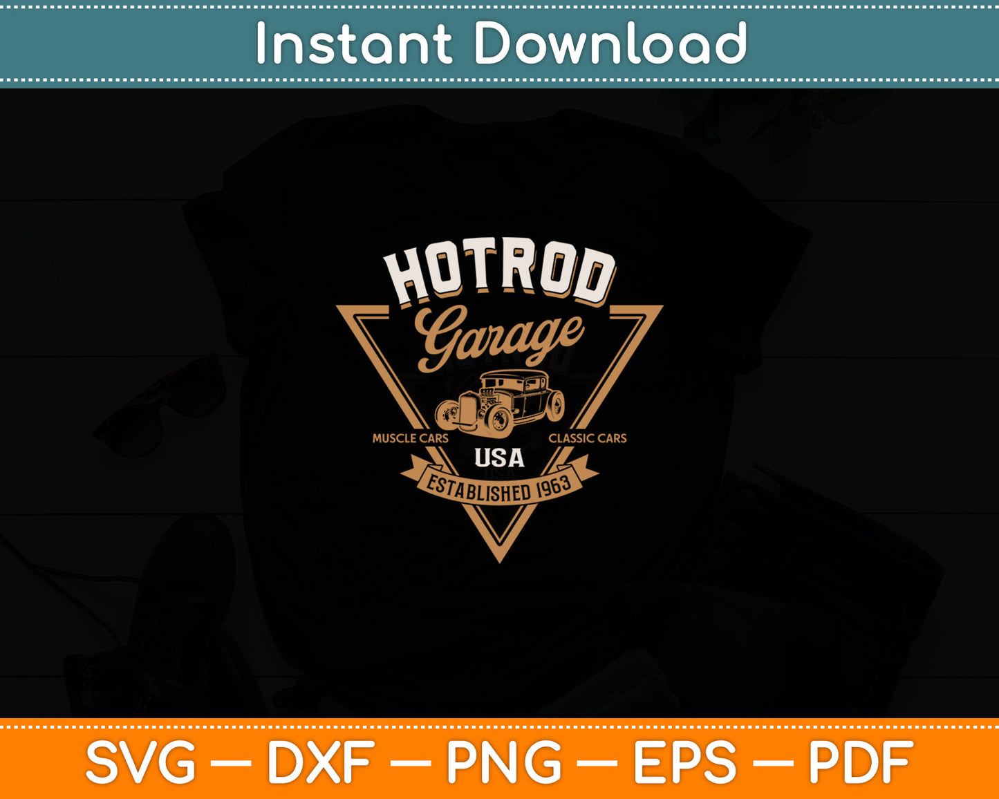 Hot Rod Garage USA Classic Car Hot Rod Distressed Svg Digital Cutting File