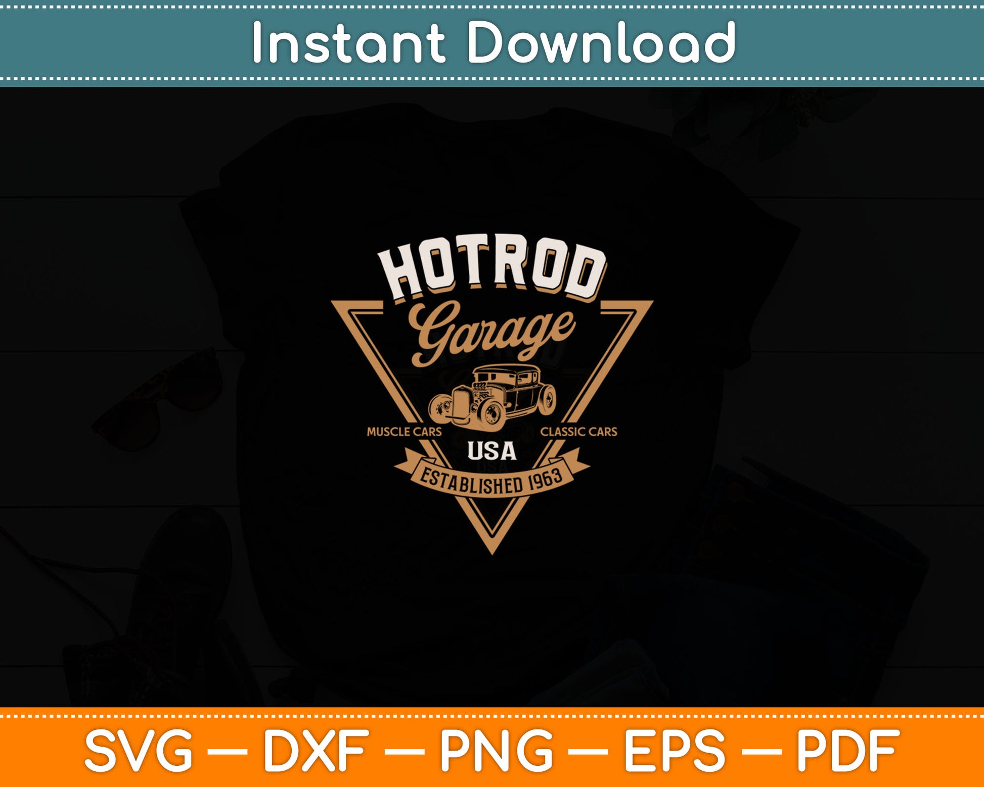 Hot Rod Garage USA Classic Car Hot Rod Distressed Svg Digital Cutting File