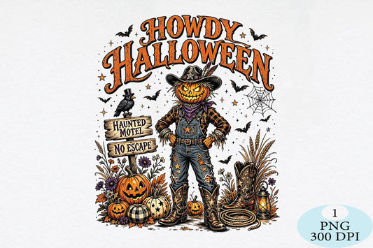 Howdy Halloween Scarecrow PNG Western Pumpkin Cowboy Design