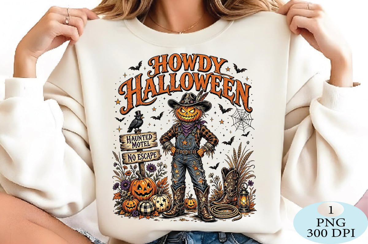 Howdy Halloween Scarecrow PNG Western Pumpkin Cowboy Design
