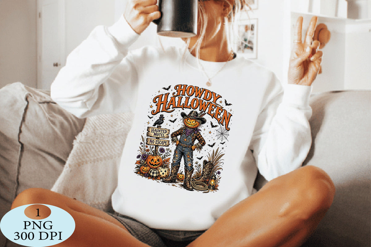Howdy Halloween Scarecrow PNG Western Pumpkin Cowboy Design