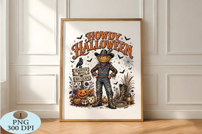 Howdy Halloween Scarecrow PNG Western Pumpkin Cowboy Design