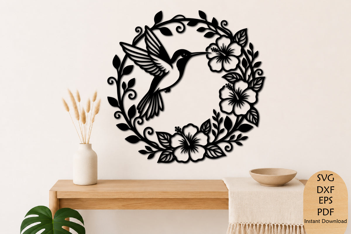 Hummingbird Floral Wreath Laser Cut SVG File