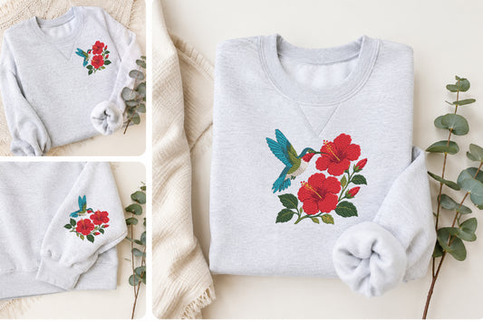 Hummingbird Hibiscus Embroidery Design – Beautiful Hummingbird & Hibiscus Flower Machine Embroidery