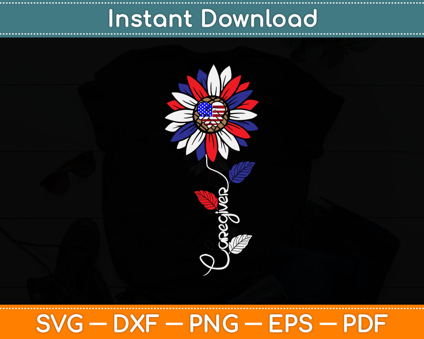 Caregiver Sunflower American Flag 4th Of July Svg Digital Cutting File