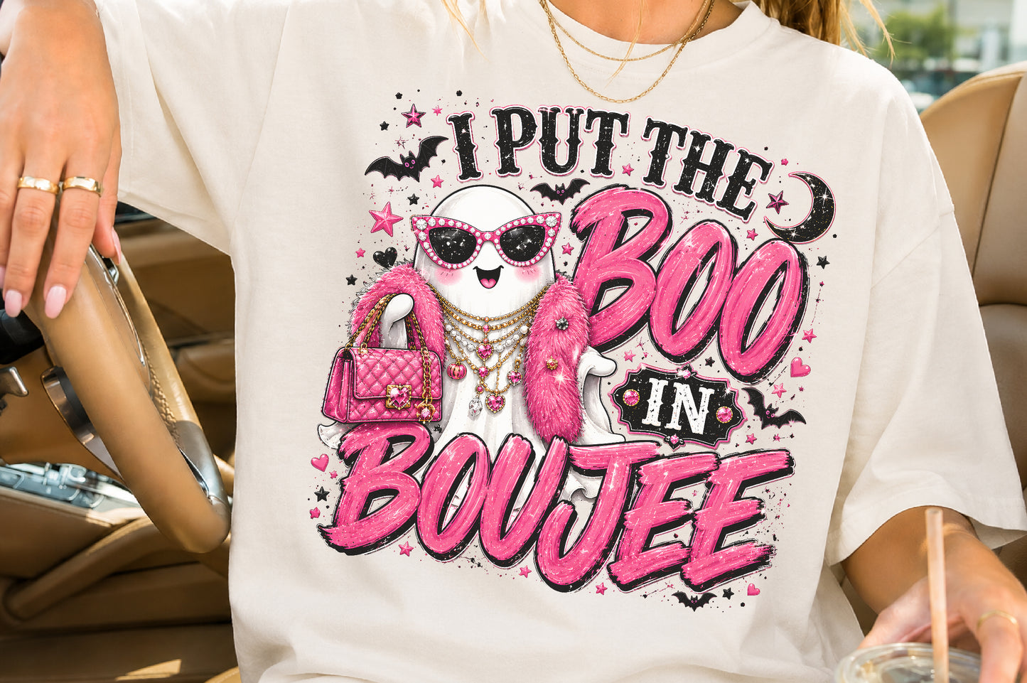 I Put The Boo In Boujee PNG Pink Halloween Ghost Sublimation Design