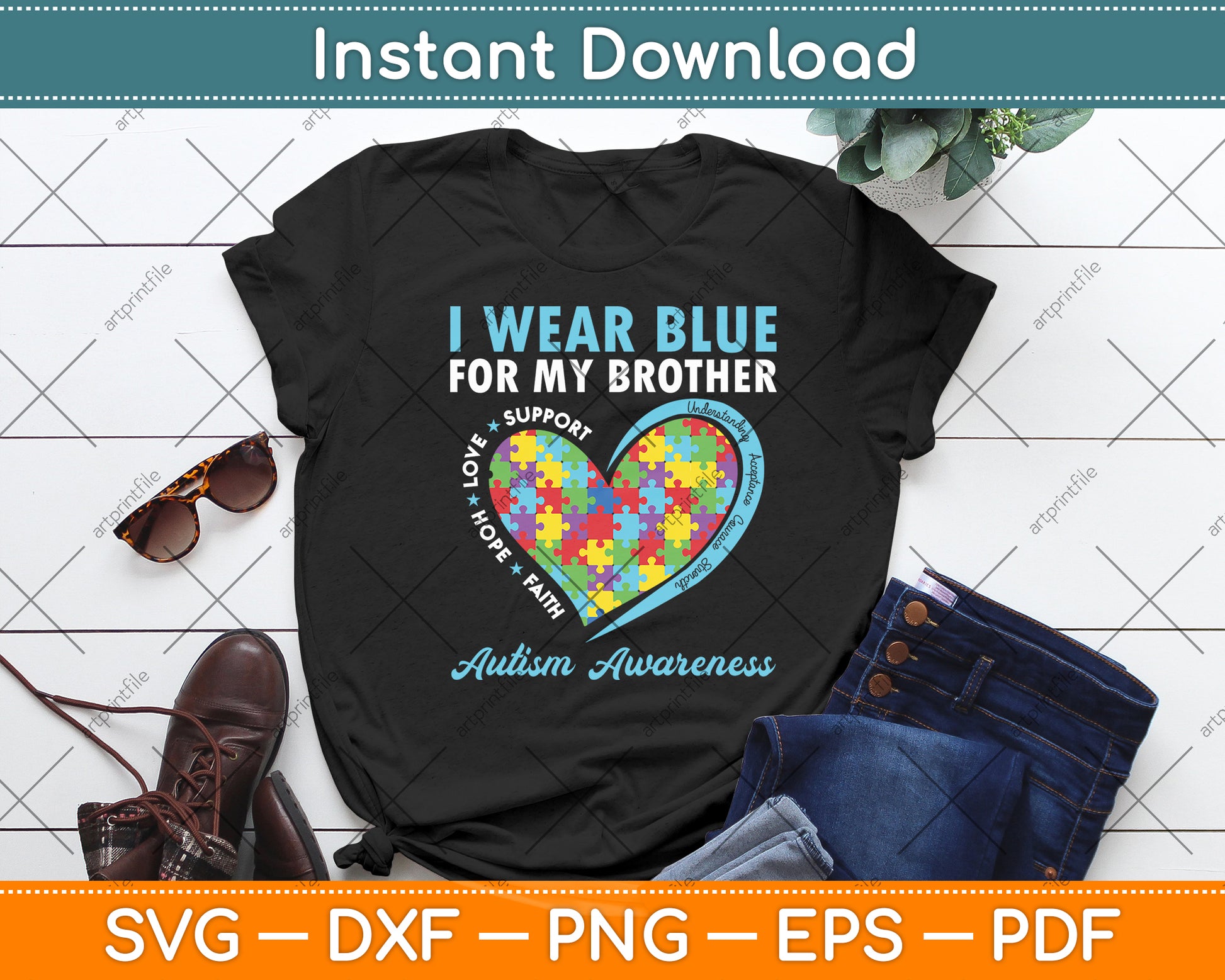 I Wear Blue For My Brother Autism Awareness Day Girls Boys Svg Digital Cutting File