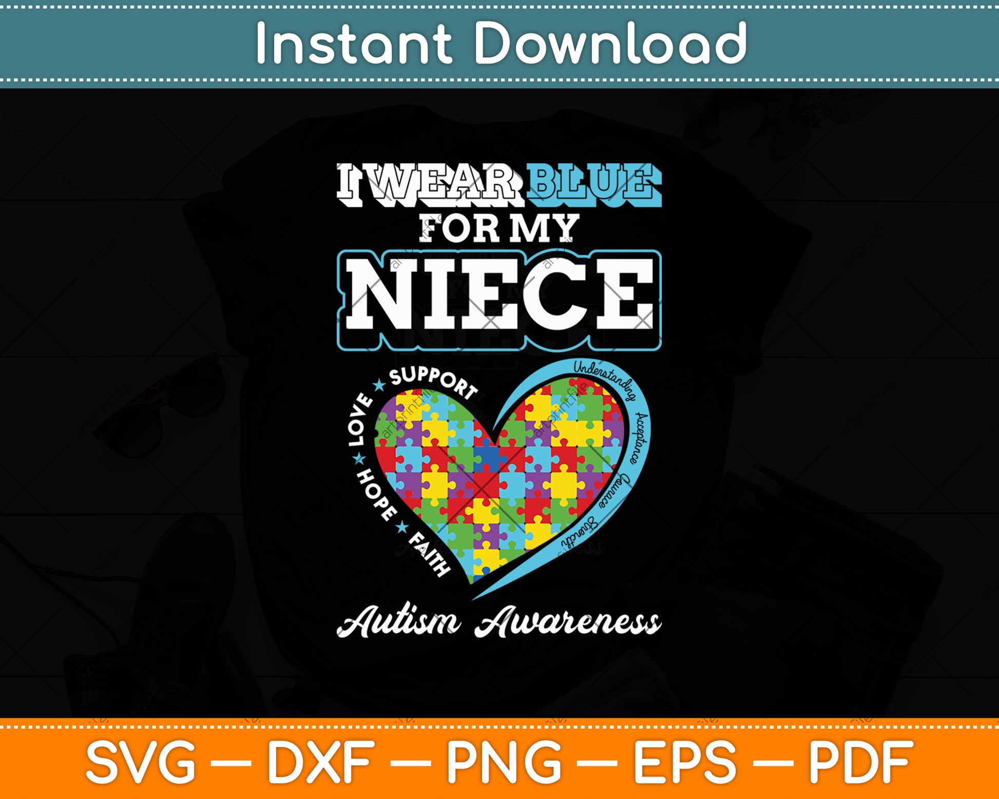I Wear Blue For My Niece Aunt Uncle Autism Awareness Svg Digital Cutting File