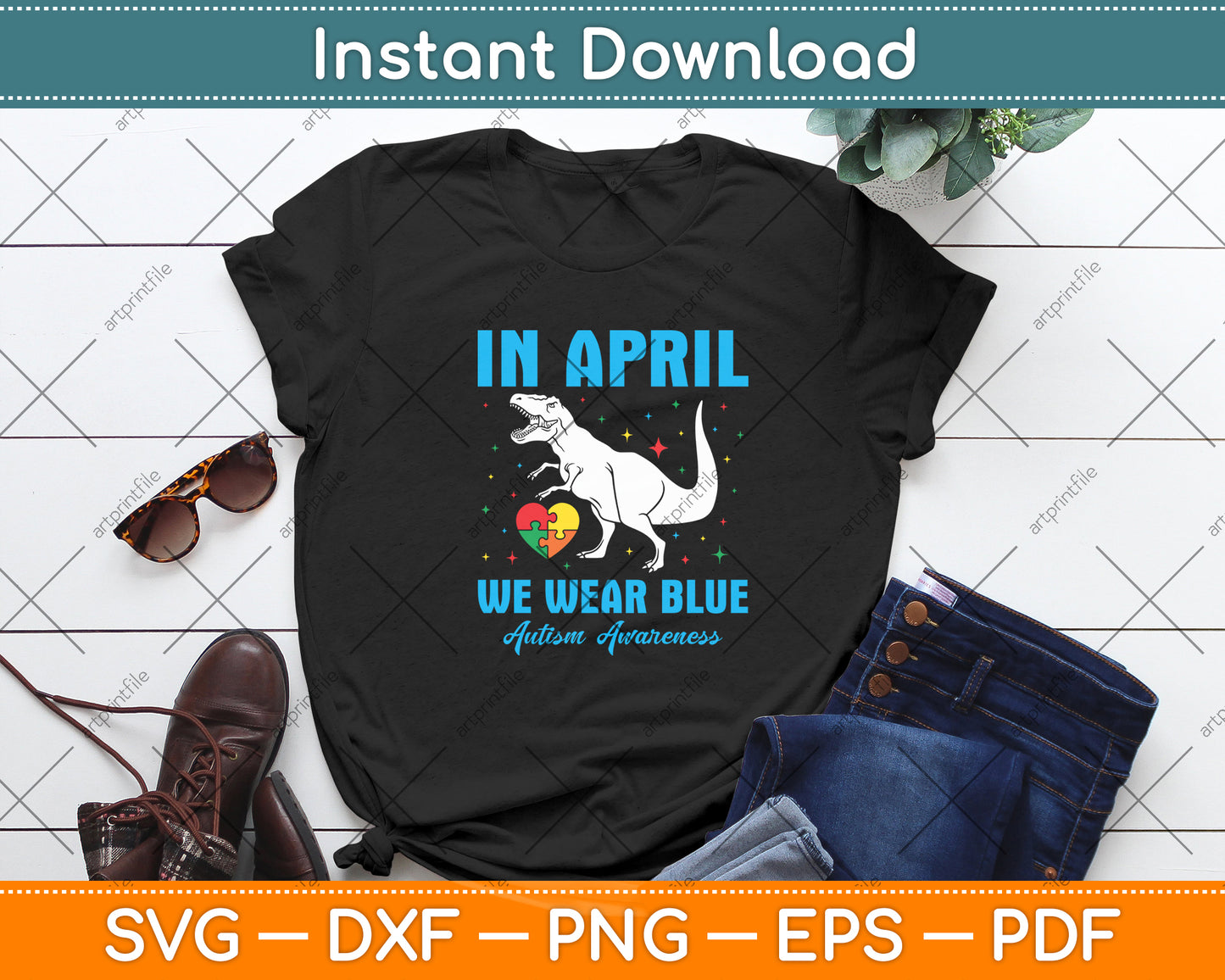 In April We Wear Blue Autism Awareness Baby Dinosaur Svg Digital Cutting File