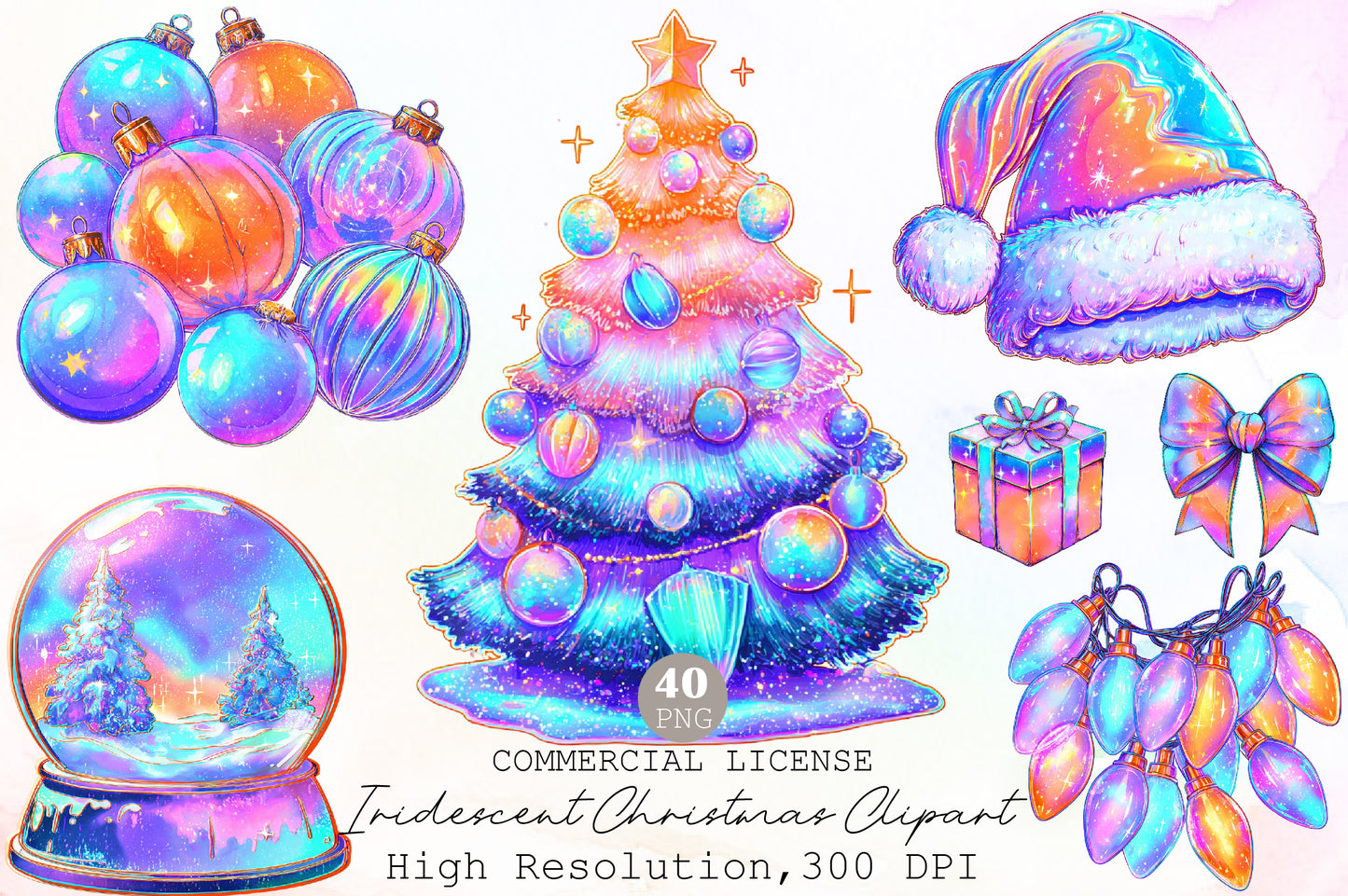 Iridescent Christmas Watercolor Clipart PNG Bundle