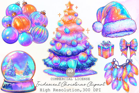 Iridescent Christmas Watercolor Clipart PNG Bundle