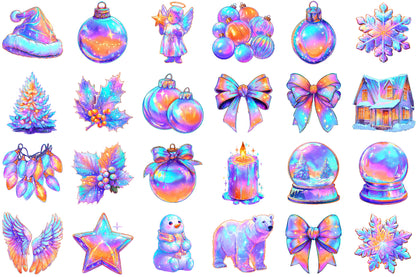 Iridescent Christmas Watercolor Clipart PNG Bundle