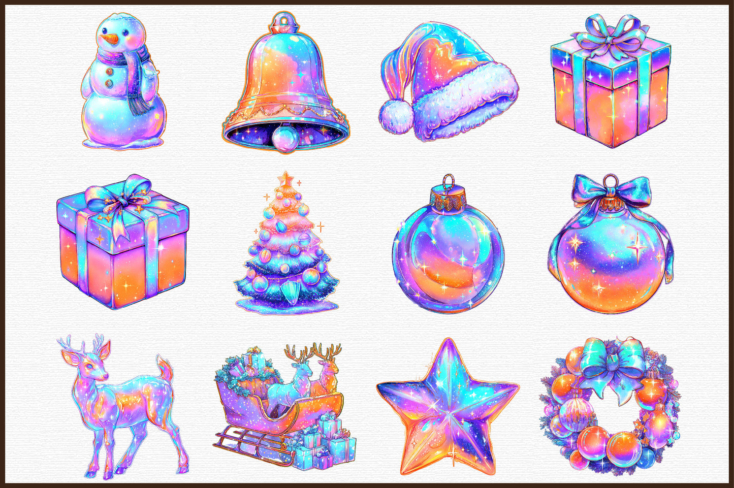 Iridescent Christmas Watercolor Clipart PNG Bundle