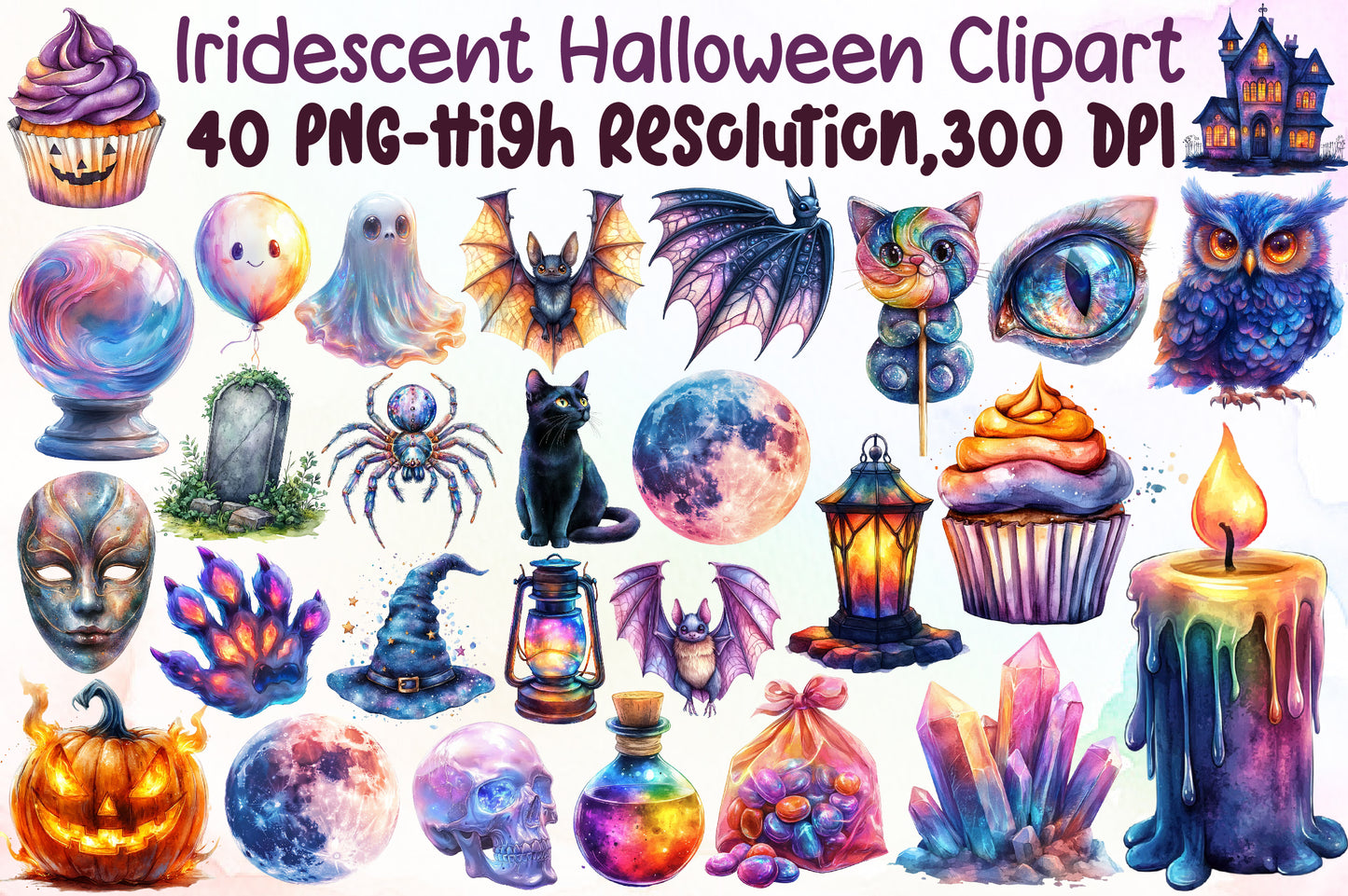 Iridescent Halloween Clipart Mystical Spooky PNG Bundle