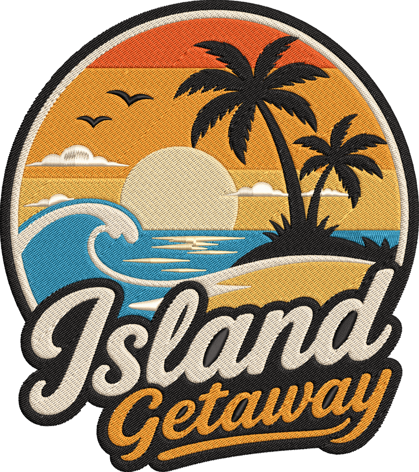 Island Getaway Embroidery Design, Tropical Island Sunset Machine Embroidery Pattern, Palm Trees Ocean Waves Beach Vacation Embroidery Design