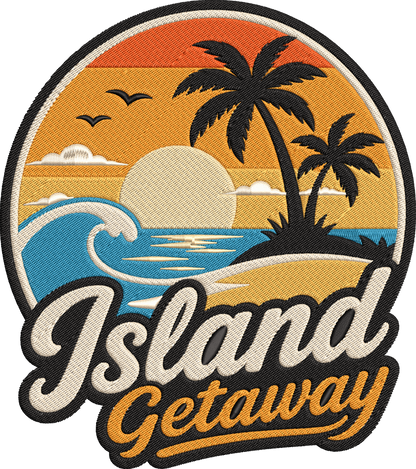 Island Getaway Embroidery Design, Tropical Island Sunset Machine Embroidery Pattern, Palm Trees Ocean Waves Beach Vacation Embroidery Design