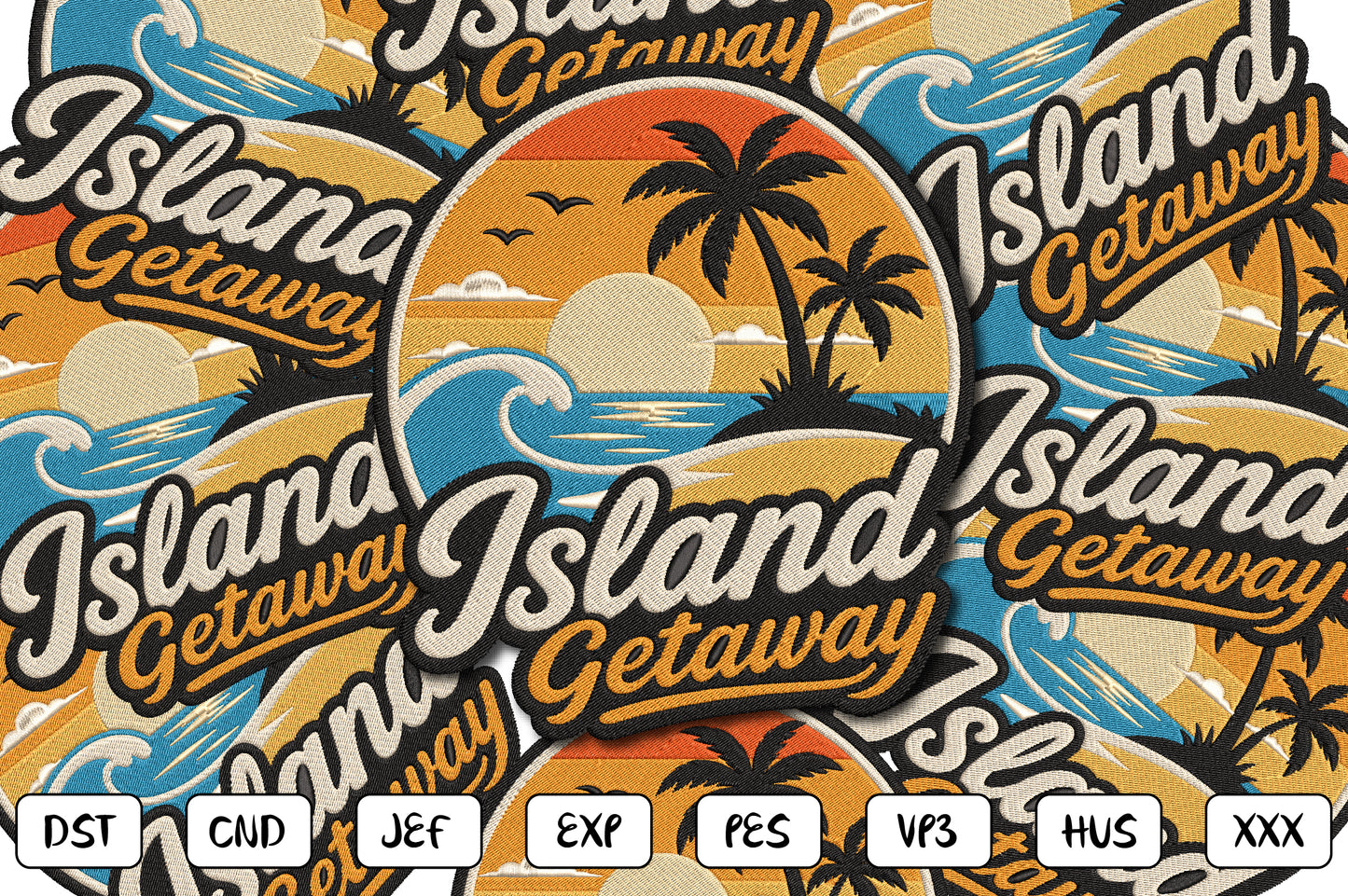 Island Getaway Embroidery Design, Tropical Island Sunset Machine Embroidery Pattern, Palm Trees Ocean Waves Beach Vacation Embroidery Design