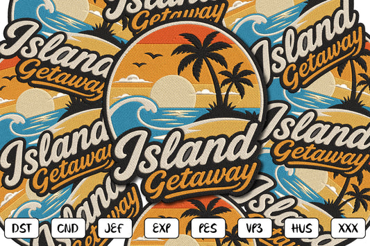 Island Getaway Embroidery Design, Tropical Island Sunset Machine Embroidery Pattern, Palm Trees Ocean Waves Beach Vacation Embroidery Design