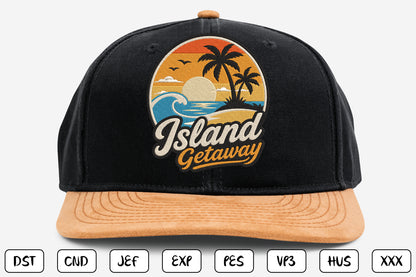 Island Getaway Embroidery Design, Tropical Island Sunset Machine Embroidery Pattern, Palm Trees Ocean Waves Beach Vacation Embroidery Design