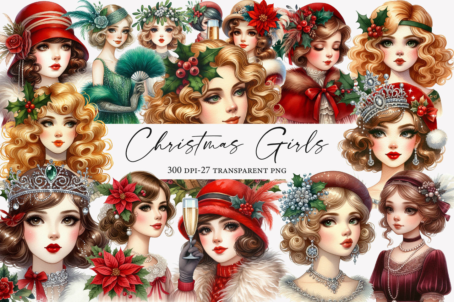 1920 Coquette Christmas Girls Clipart PNG Bundle | Cute Watercolor Pink Holiday Girls Clipart | Coquette Winter Girl PNG
