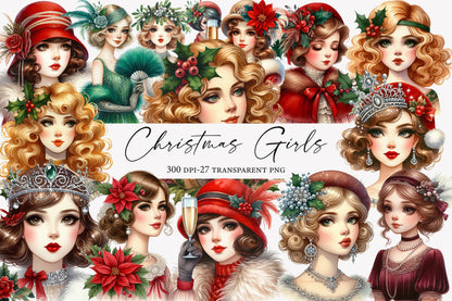 1920 Coquette Christmas Girls Clipart PNG Bundle | Cute Watercolor Pink Holiday Girls Clipart | Coquette Winter Girl PNG